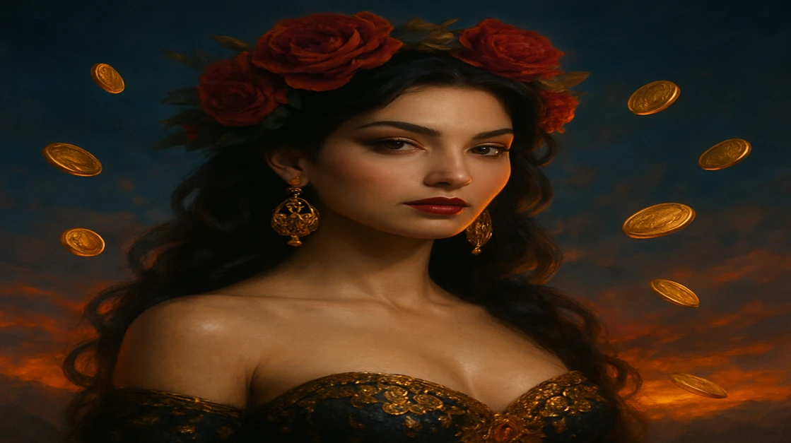 একটি দৃষ্টিনন্দন নারী, ঝলমলে গোলাপি টপ ও নান্দনিক জুয়েলারি পরে, একটি সমৃদ্ধ, ট্রপিক্যাল থিমযুক্ত গেমিং প্ল্যাটফর্মে হাসছেন; Karkiya অ্যাপে আর্কেড গেমের রোমাঞ্চকর দৃশ্য ও সুরে ঘেরা পুরো পরিবেশ।