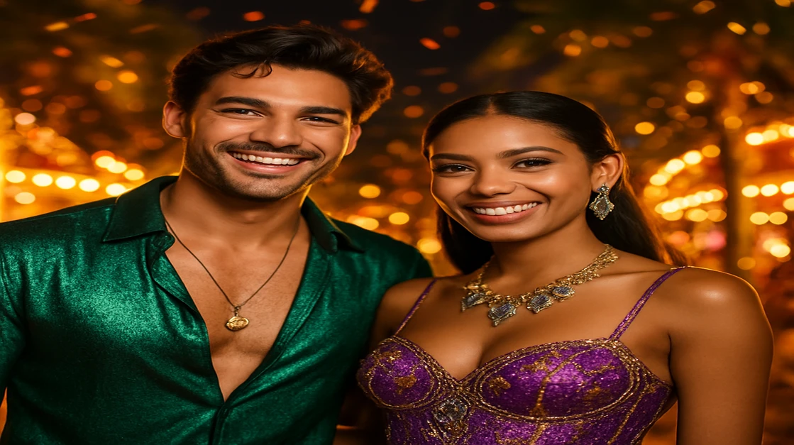 একটি সুখী ও আকর্ষণীয় জুটি রঙিন কার্নিভাল পোশাকে একটি জীবন্ত খোলা উৎসবে উল্লাস করছে, Karkiya এর মাধ্যমে একসাথে গেম খেলার মজা, সামাজিকতা ও উত্তেজনাপূর্ণ পরিবেশকে ধারণ করে।