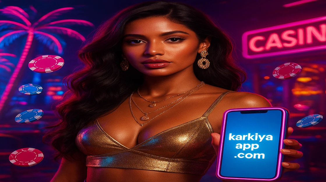 ট্রপিক্যাল গেমিং প্ল্যাটফর্ম-পরিবেশে একজন দৃষ্টিনন্দন নারী Karkiya অ্যাপসহ একটি স্মার্টফোন ধরে আছেন; চারদিকে সোনালি-আকৃতির কয়েন পড়ছে, আধুনిక ও উদ্দীপনাময় এই গেমিং প্ল্যাটফর্মকে হাইলাইট করছে।
